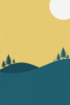 插画风山坡松树麋鹿太阳背景海报