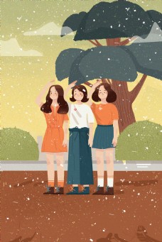 手绘卡通三个女孩在树下敬礼背景