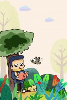 在树下爱读书的男孩