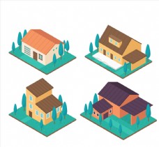 4款立体草坪上的住宅设计矢量图