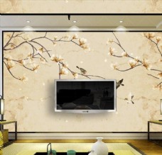 墙中花中式手绘玉兰花花鸟硬包背景墙