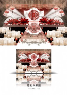 红色新中式红花大理石镂空婚礼效果图