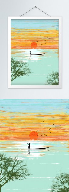 原创手绘水彩海岸黄昏渔夫客厅装饰画