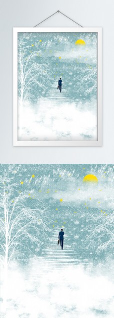 现代手绘水彩大雪夜归人客厅装饰画