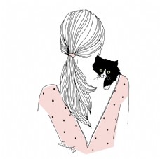 字体女孩和小猫的背影