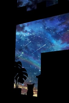 夜空创意夜晚星空梦幻窗台剪影背景海报