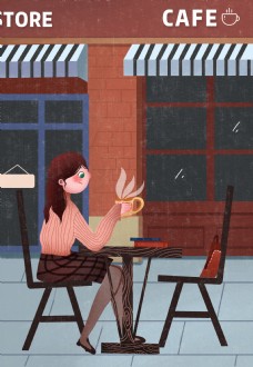 文艺卡通女孩喝咖啡背景
