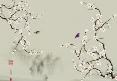 中式花鸟工笔画玄关屏风电视背景