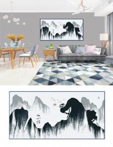中式抽象流体枯墨瀑布山水横式客厅装饰