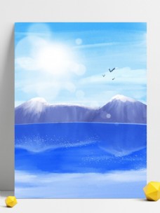 纯原创手绘水彩画插画蓝天白云海景背景