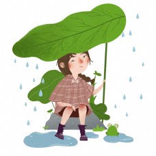 谷雨叶子下挡雨女孩