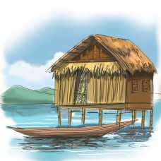 房屋主题茅草屋卡通风格手绘