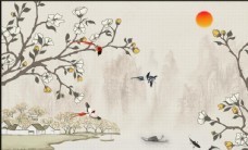 中式江南山水国画玉兰花客厅背景