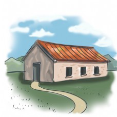蓝天白云草地房屋主题砖房卡通手绘