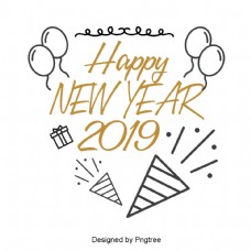 可爱的卡通手绘新年快乐艺术词在2019年