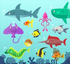 12只彩色大海中的海洋动物
