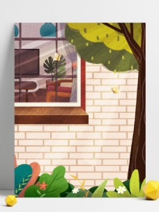 卡通居家客厅窗外风景插画背景