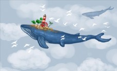 梦幻风景北欧手绘梦幻鲸鱼风景画油画背景