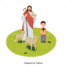 耶稣儿童可爱的耶稣拿着羊和儿童手绘插图