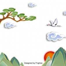 韩国的传统节日吉祥云松树起重机矢量插图