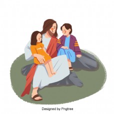 仁慈的耶稣和两个孩子解释手绘插图