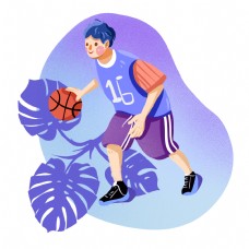 篮球运动打篮球的运动男孩手绘卡通插画png免抠素材
