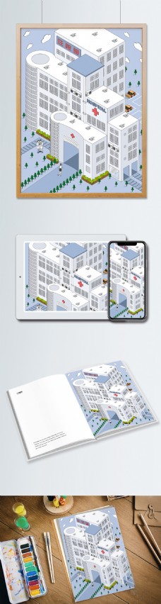 健康医疗医院医疗健康2.5D建筑矢量插画城市清新