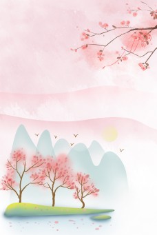中式简约手绘小清新桃花节背景