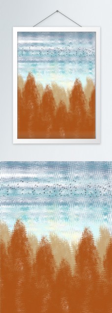 北欧手绘抽象树林蓝天飞鸟客厅装饰画