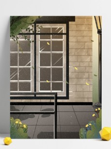 手绘春季街头窗户落叶背景设计