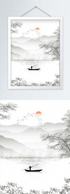 新中式淡雅山水渔船客厅装饰画