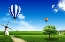 风景氢气球风车树木蓝天
