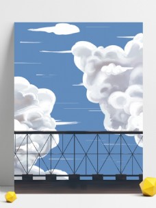 手绘蓝天白云护栏背景设计
