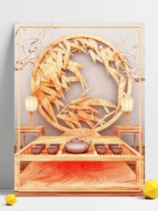 原创写实淡雅中式古风茶道边框3D创意背景