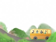 远山春天自家绿色旅行面包车装饰底框山风景绿色海报边框