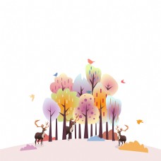 远山春天彩色树林麋鹿原野装饰边框底框海报边框底部边框