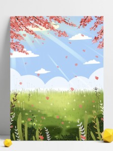手绘春季樱花草园背景设计