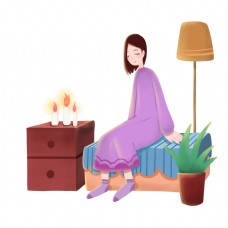 睡衣女孩穿着紫色睡衣的女孩插画