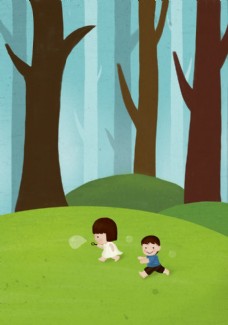 手绘儿童插画户外森林吹泡泡儿童
