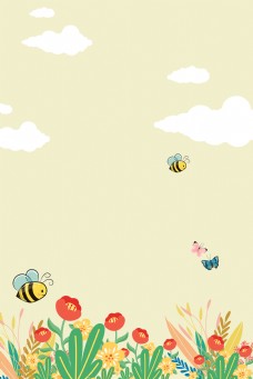 花海黄色卡通矢量花朵蜜蜂春天海报背景素材