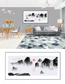 新中式简约黑白瀑布横式办公家居装饰画