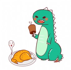 恐龙插画吃火腿的恐龙卡通插画