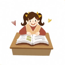 快乐女孩卡通手绘可爱双马尾女孩快乐休闲课桌读书看书场景