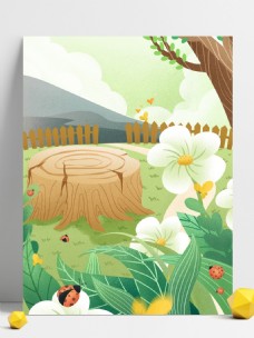 手绘春季树桩花朵背景设计