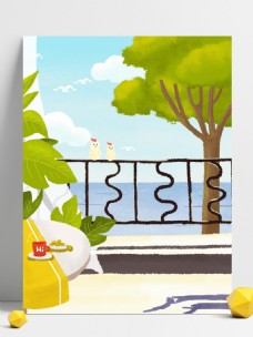 清新春季海滩咖啡休闲背景设计