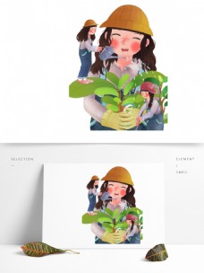 清新手绘种树的女生插画设计
