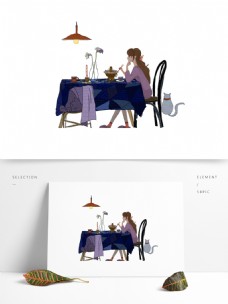 彩绘独自吃晚餐的女孩插画设计