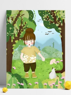 绿色扁平风春天森林猫咪女孩背景设计