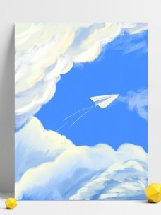 手绘蓝天白云纸飞机突破云层背景