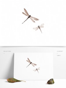 手绘水墨飞行的蜻蜓